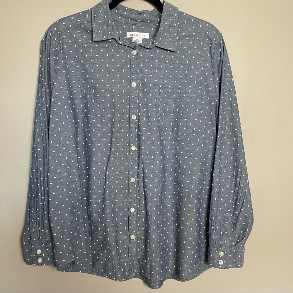 Liz Claiborne Cotton Button Up Shirt Size XL Blue Chambray Swiss Dot Work Office